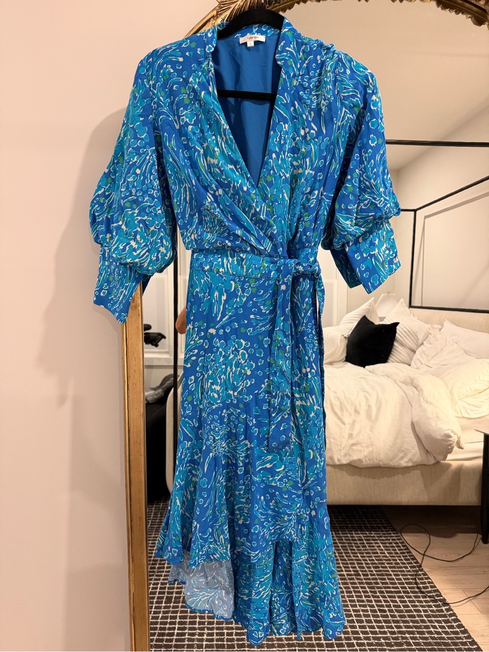 Tyler Boe Teal-Blue Wrap Maxi Dress with Puff Sleeves